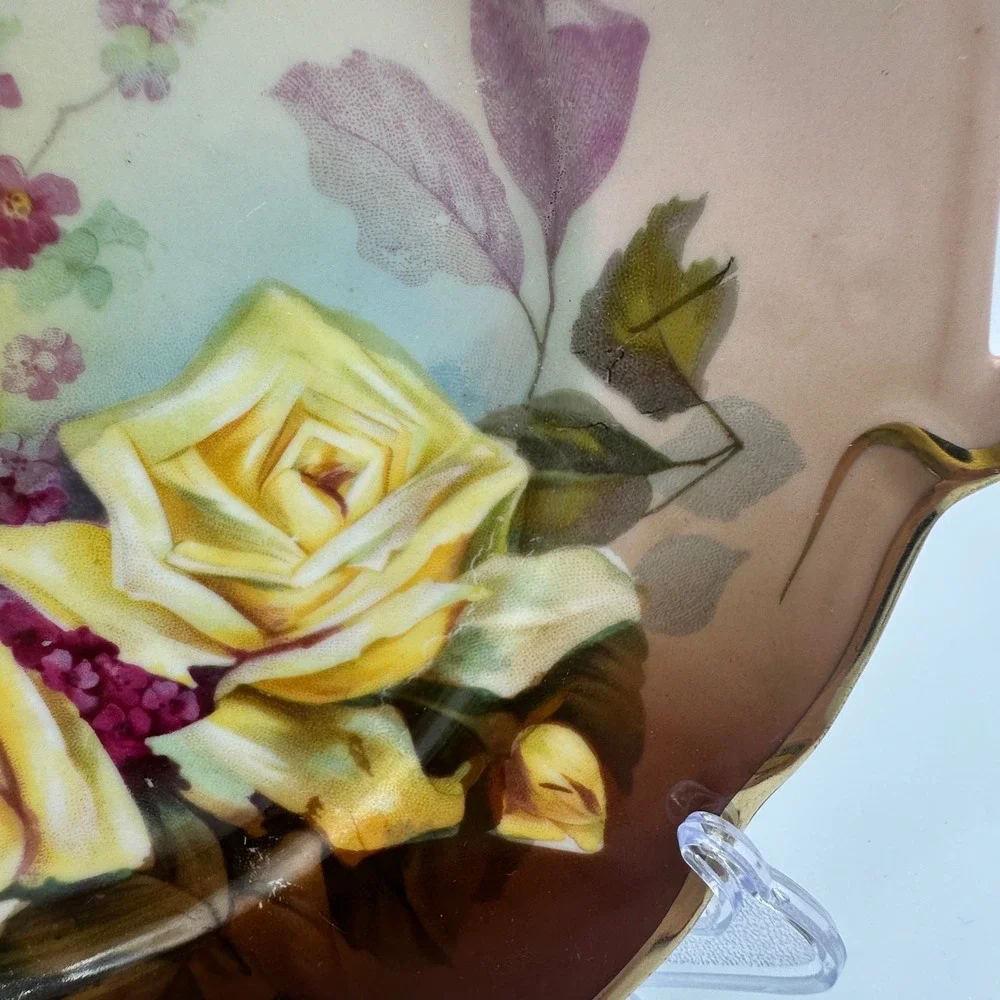 J&C Louise Bavaria Antique Porcelain Cake Plate Yellow Roses Gold Gilt Signed